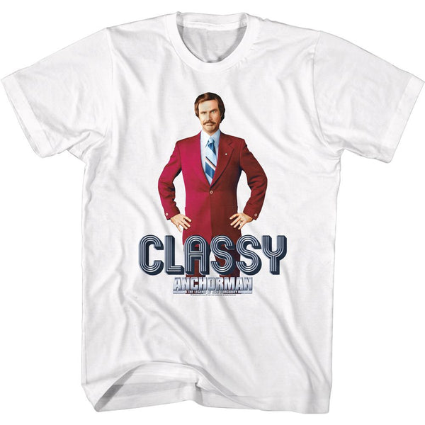 Anchorman-Ron Classy Text-White Adult S/S Tshirt - Coastline Mall
