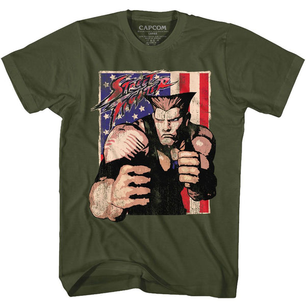 Street Fighter-Guile With Flag-Military Green Adult S/S Tshirt - Coastline Mall