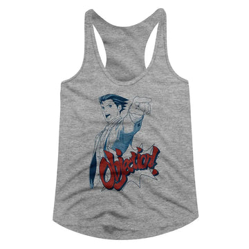 Ace Attorney-Objection-Gray Heather Ladies Slimfit Racerback-S - Gray Heather