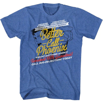 Ace Attorney-Better Call Phoenix-Royal Heather Adult S/S T-Shirt - Royal Heather