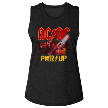 Acdc-Pwrup Band Photo-Black Ladies Slub Sleeveless Crew Neck Tee-S - Black