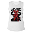 Acdc-Angus Horns And Bolt-White Ladies Slub Sleeveless Crew Neck Tee-S - White