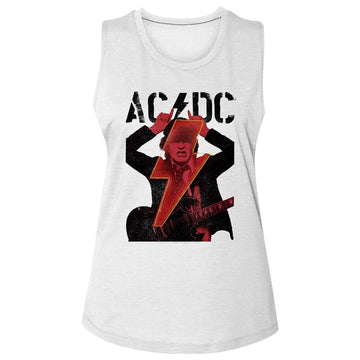 Acdc-Angus Horns And Bolt-White Ladies Slub Sleeveless Crew Neck Tee-S - White