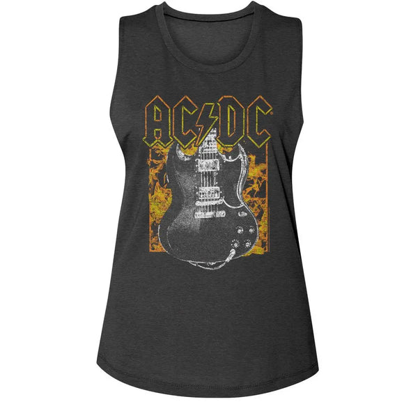 Acdc-Acdc Fire And Guitar-Charcoal Ladies Muscle Tank-S - Charcoal