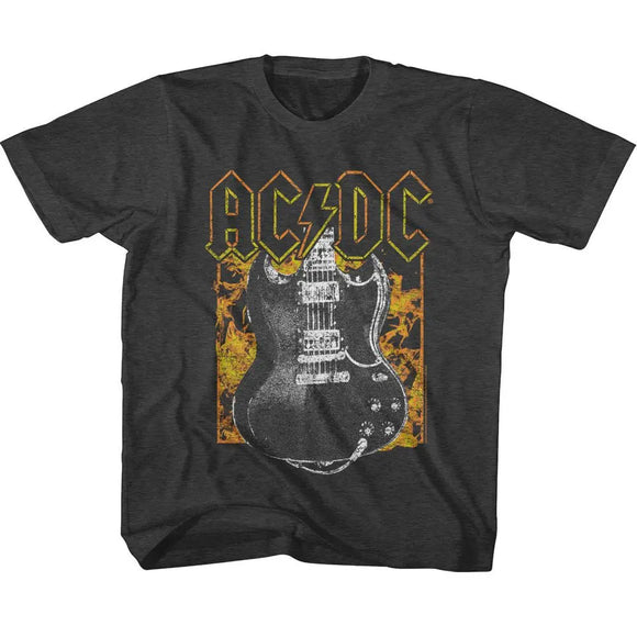 Acdc-Acdc Fire And Guitar-Vintage Smoke Youth S/S T-Shirt (7-8) - Vintage Smoke