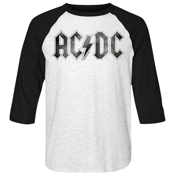 Acdc-Logodistress-White Heather/Vintage Black Adult 3/4 Sleeve Raglan-S - White Heather/Vintage Black