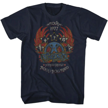 Aerosmith-Aerosmith Tour 1977 Distressy-Navy Adult S/S T-Shirt - Navy