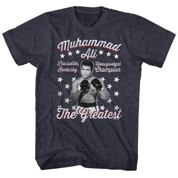 Muhammad Ali-Vintage Greatest-Navy Heather Adult S/S T-Shirt - Navy Heather