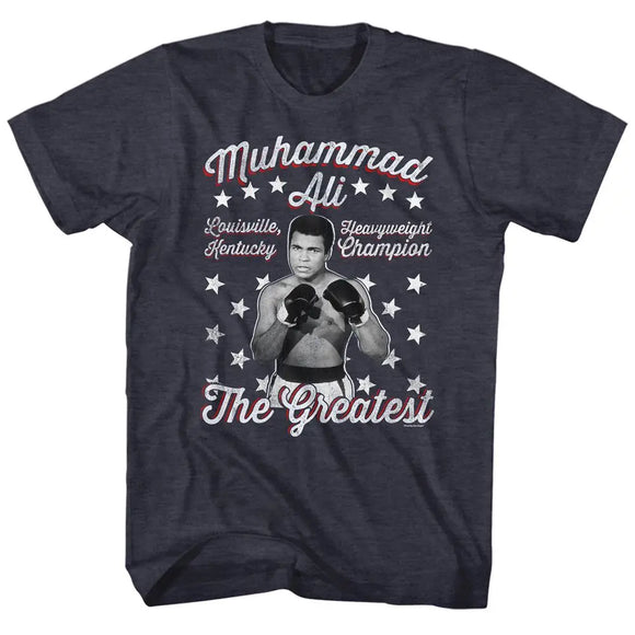 Muhammad Ali-Vintage Greatest-Navy Heather Adult S/S T-Shirt - Navy Heather