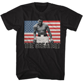 Muhammad Ali-Muhammad Ali Flag The Greatest-Black Adult S/S T-Shirt - Black