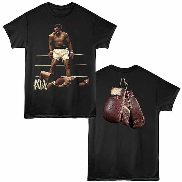 Muhammad Ali Hanging Gloves On Back Black Adult T-Shirt