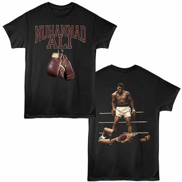 Muhammad Ali Hanging Gloves On Front Black Adult T-Shirt