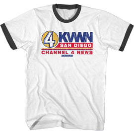 Anchorman-Ch 4 News Logo-White/Black Adult S/S Ringer T-Shirt - White/Black
