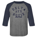 Animal House-Delta House-Premium Heather/Vintage Navy Adult 3/4 Sleeve Raglan-S - Premium Heather/Vintage Navy