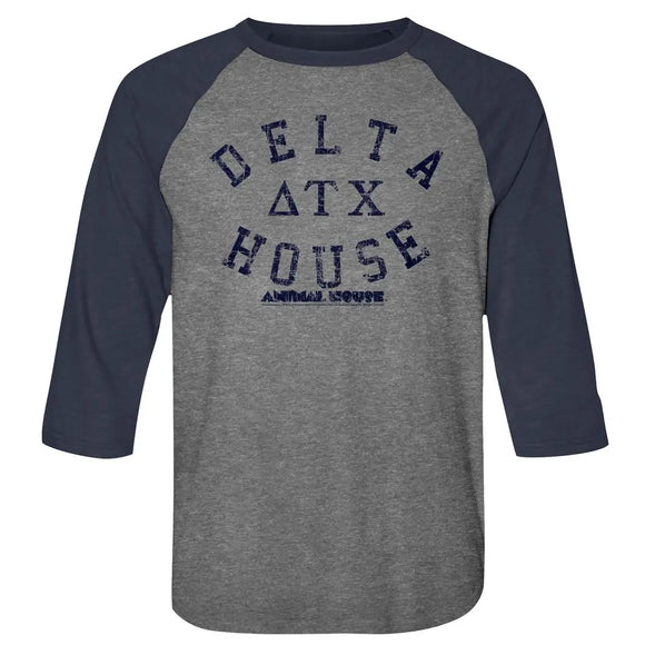 Animal House-Delta House-Premium Heather/Vintage Navy Adult 3/4 Sleeve Raglan-S - Premium Heather/Vintage Navy