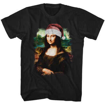 Art Gallery-Art Gallery Mona Lisa In Santa Hat-Black Adult S/S T-Shirt - Black