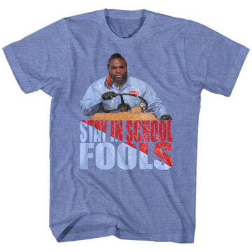 Mr T-Stay In School-Light Blue Heather Adult S/S T-Shirt - Light Blue Heather
