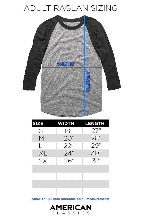 Raglan Size Chart for Bad Company-Wolf Head 74-Vintage Black/Premium Heather Adult 3/4 Sleeve Raglan-S - Vintage Black/Premium Heather