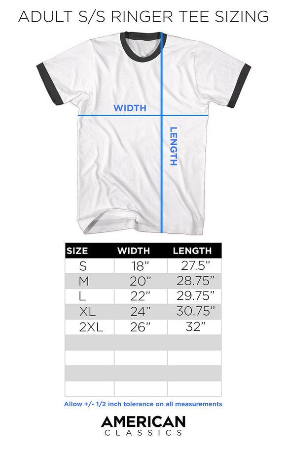 Adult Size Chart for Saved By the Bell Bayside Gray Heather Black Adult Ringer T-Shirt