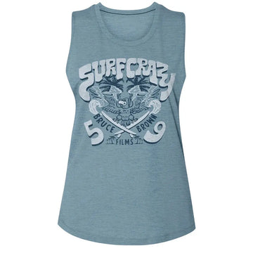 Bruce Brown Films-Bbf Surf Crazy-Steel Ladies Slub Sleeveless Crew Neck Tee-S - Steel