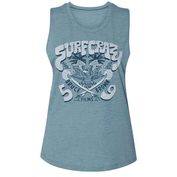 Bruce Brown Films-Bbf Surf Crazy-Steel Ladies Slub Sleeveless Crew Neck Tee-S - Steel