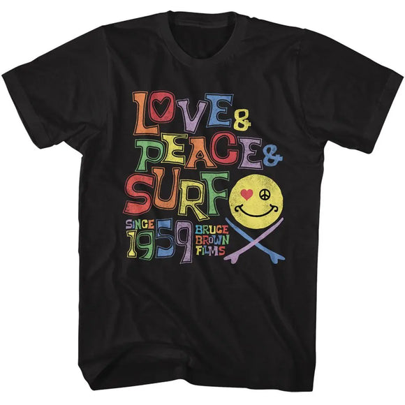 Bruce Brown Films-Bbf Love Peace And Surf-Black Adult S/S T-Shirt - Black