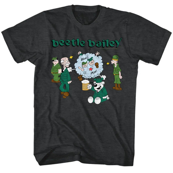 Beetle Bailey-Beetle Brawl-Black Heather Adult S/S T-Shirt - Black Heather
