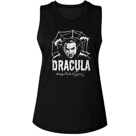 Bela Lugosi-Bela Lugosi Creepy Web Monochrome-Black Ladies Muscle Tank-S - Black