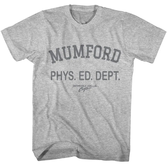 Beverly Hills Cop-Beverly Hills Cop Mumford Phys Ed Dept-Gray Heather Adult S/S T-Shirt - Gray Heather