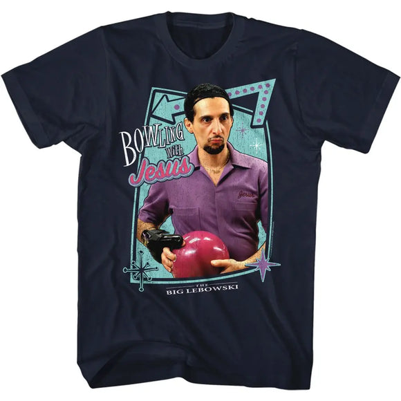 The Big Lebowski-Bowling With Jesus-Navy Adult S/S T-Shirt - Navy