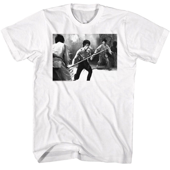 Bruce Lee-Bruce Lee Staff Fight-White Adult S/S T-Shirt - White