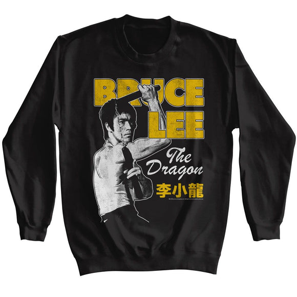 Bruce Lee-Bruce Lee Nunchuck Pose-Black Adult L/S Sweatshirt-S - Black