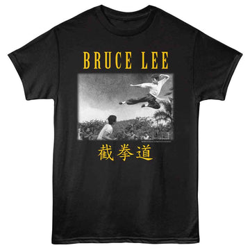 Bruce Lee-Bruce Lee Flying Kick Landscape-Black Adult S/S T-Shirt - Black