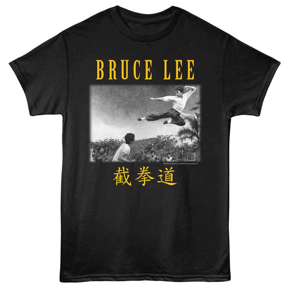 Bruce Lee-Bruce Lee Flying Kick Landscape-Black Adult S/S T-Shirt - Black