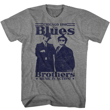 The Blues Brothers-Music In Action-Graphite Heather Adult S/S T-Shirt - Graphite Heather