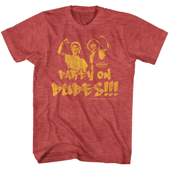 Bill And Ted-Party On Fade-Red Heather Adult S/S T-Shirt - Red Heather