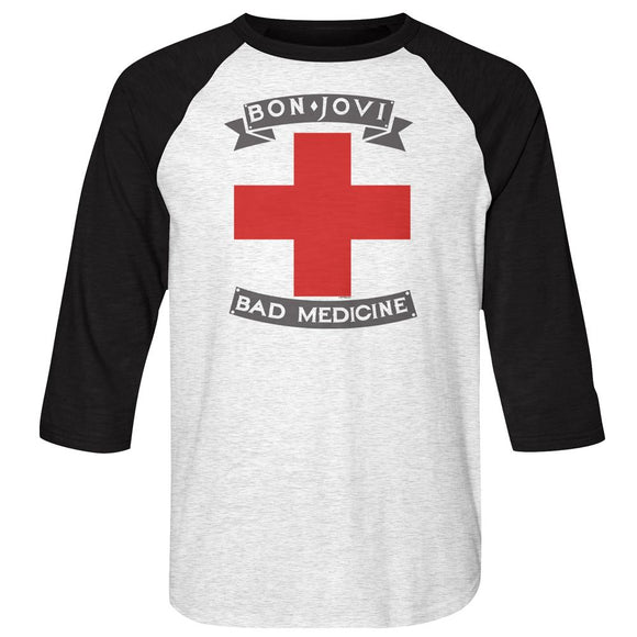 Bon Jovi-Badmed-White Heather/Vintage Black Adult 3/4 Sleeve Raglan-S - White Heather/Vintage Black