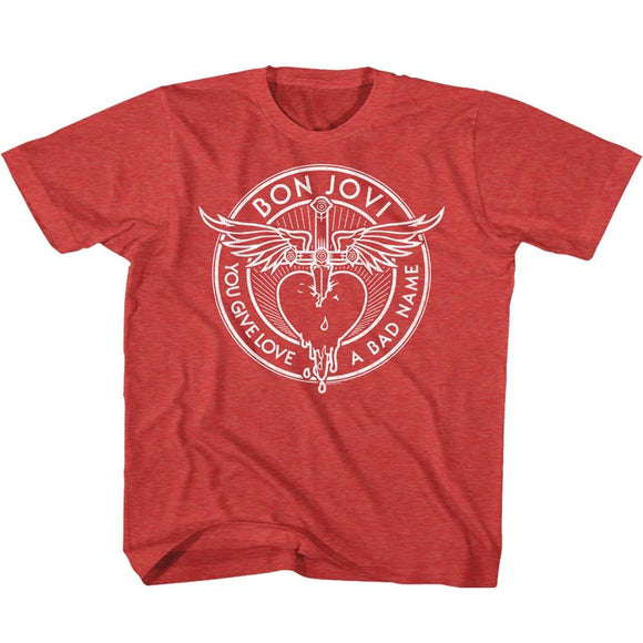 Bon Jovi-Bad Name-Red Heather Youth S/S T-Shirt (7-8) - Red Heather