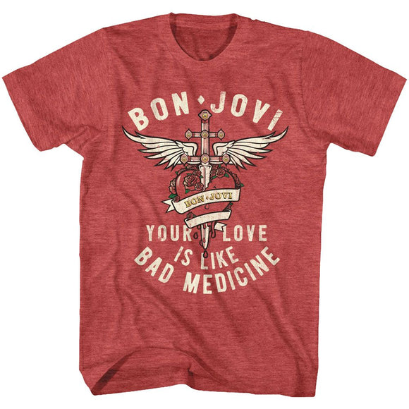 Bon Jovi-Bad Medicine-Red Heather Adult S/S T-Shirt - Red Heather