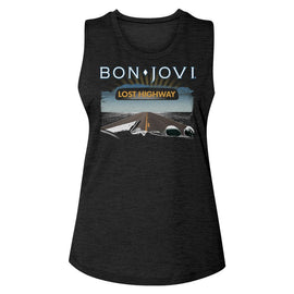Bon Jovi-Lost Highway-Black Ladies Slub Sleeveless Crew Neck Tee-S - Black