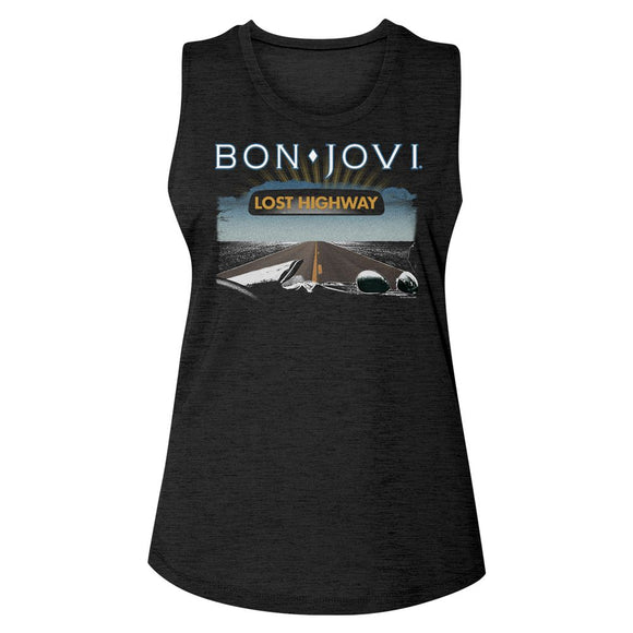 Bon Jovi-Lost Highway-Black Ladies Slub Sleeveless Crew Neck Tee-S - Black