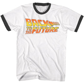 Back To The Future-Worn Logo-White/Black Adult S/S Ringer T-Shirt - White/Black