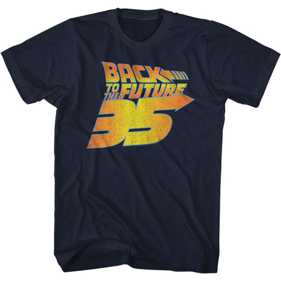 Back To The Future-Bttf 35Th Distressed-Navy Adult S/S T-Shirt - Navy