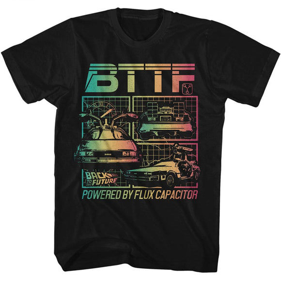 Back To The Future-Back To The Future Powered By Flux Capacitor-Black Adult S/S T-Shirt - Black