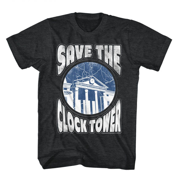 Back To The Future-Bttf Save Clocktower-Black Heather Adult S/S T-Shirt - Black Heather