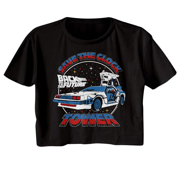 Back To The Future-Bttf Save The Clock Tower Split Color-Black Ladies S/S Festival Cali Crop-S - Black