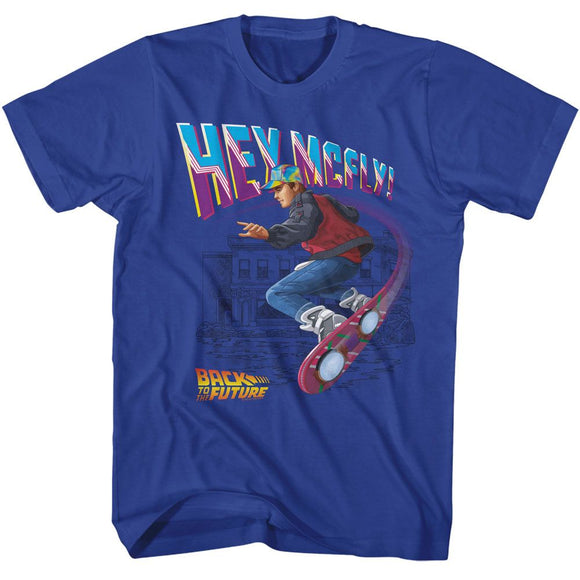 Back To The Future-Bttf Hey Mcfly Flying Hoverboard-Royal Adult S/S T-Shirt - Royal