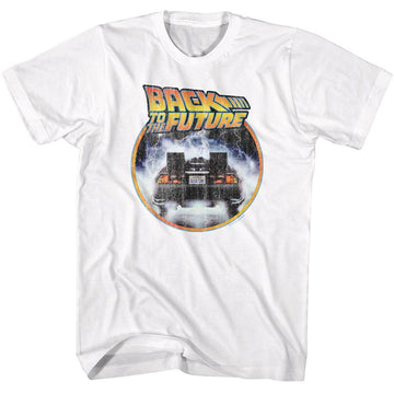 Back To The Future-Bttf Logo And Car Circle-White Adult S/S T-Shirt - White