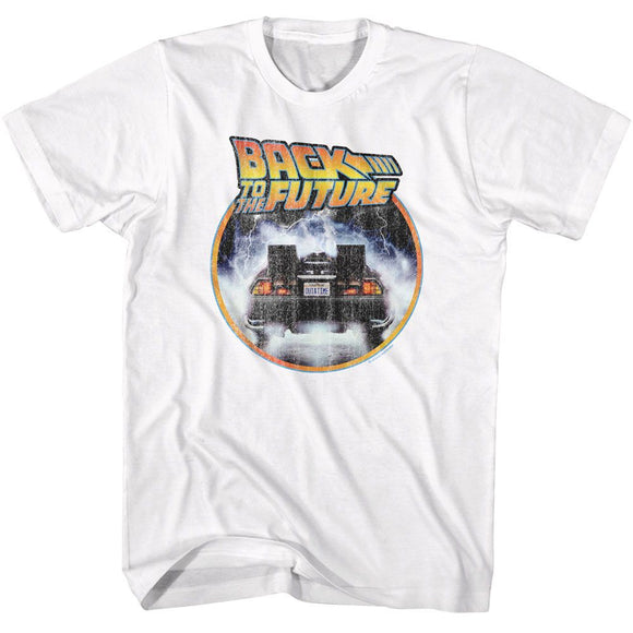 Back To The Future-Bttf Logo And Car Circle-White Adult S/S T-Shirt - White