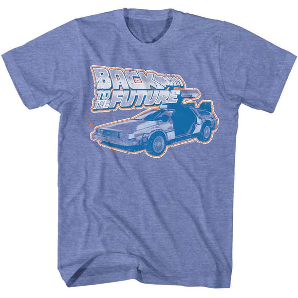 Back To The Future-Bttf Logo And Car-Light Blue Heather Adult S/S T-Shirt - Light Blue Heather